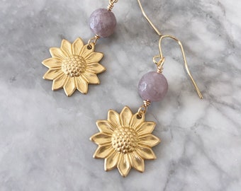 Gold Sunflower Earrings, Gray Agate Stone Drop Earrings, Fall Flower Jewelry