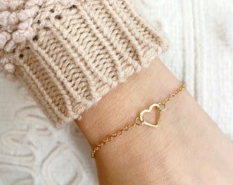 Heart Bracelet, Small Gold Open Heart Jewelry, Simple Dainty Charm Bracelet, Valentine Gift for Mom Sister Friend, Stocking Stuffer Under 15