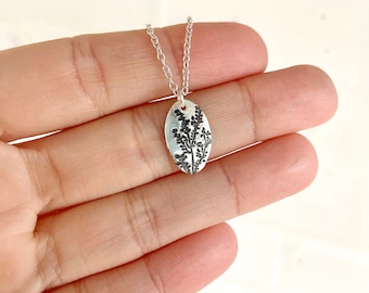Botanical Necklace, Tiny Oval Pendant, Fine Silver Leaf Jewelry, .999% Silver, Wildflowers Meadow Rue, Eco Friendly Nature Lover Gift Idea