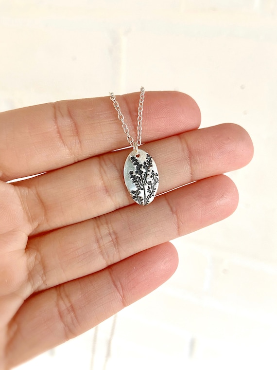 Botanical Necklace, Tiny Oval Pendant, Fine Silver Leaf Jewelry, .999% Silver, Wildflowers Meadow Rue, Eco Friendly Nature Lover Gift Idea