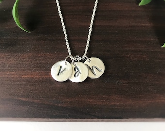 Silver Initial Necklace, Letter Charms, Custom Stamped Personalized Gift, Small Monogram Circle Pendant, Fine Silver, Mom Mother Necklace