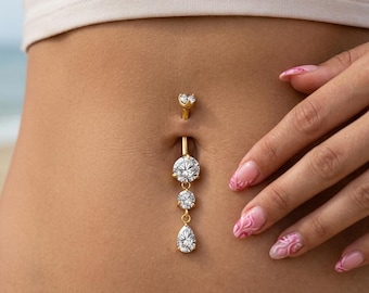 Teardrop CZ Belly Button Ring Navel Piercing Jewelry Dangle Drop Statement