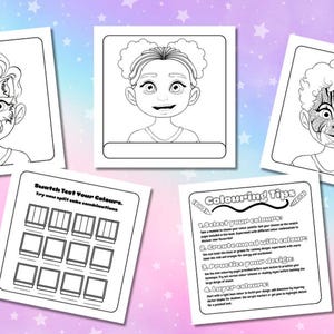 Op de afbeelding: Een verzameling kleurplaten met gezichten met verschillende ontwerpen, waaronder een kat, een clown en een leeg gezicht. Extra pagina's bieden kleurcombinaties en kleurtips. De pagina's staan op een pastelkleurige achtergrond met sterren.