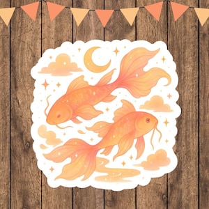 Celestial Koi Fisch Aufkleber – Warme Fantasiefische um Mond oder Sterne | Pastell Sonnenuntergang Galaxie Vinyl | Optional Volles Set + Bonus Minis