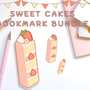 Erdbeer Kuchen Lesezeichen & Sticker Set – Pastellfarbenes Biskuit Design | Niedliches Dessert-Briefpapier für Journals, Planer + Geschenke