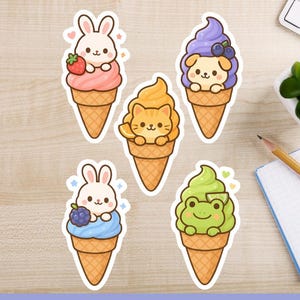 Adesivos de casquinha de sorvete de animais kawaii | Adesivos fofos de coelho, gato, cachorro e sapo em tons pastéis | Adesivos para planejador com tema de sobremesa