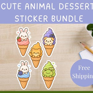 Feuille d'autocollants pour cornets de crème glacée, animaux kawaii | Adorables stickers pastel lapin, chat, chien et grenouille | Planificateur d'autocollants sur le thème des desserts