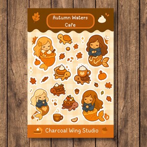 Autumn Waters Café Sticker Sheet – Cozy Fall Mermaids & Dessert Turtles | Kawaii Autumn Stickers for Journaling - Cozy Fall Stickers