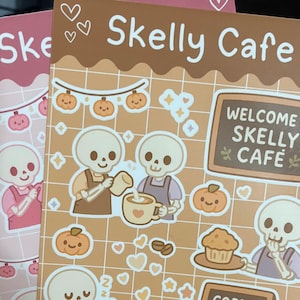 Sticker squelette barista kawaii – Stickers Halloween Skelly Café | Choisissez un style classique ou rose pastel | Squelettes de café kawaii mignons