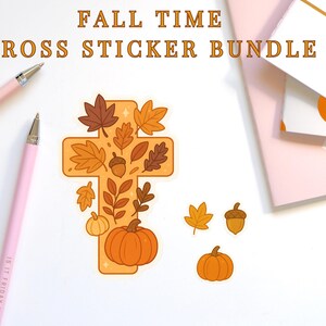 Fall Cross Sticker Bundle – Spirituelles Herbst Sticker Set mit Kürbis, Eichel + Blatt | Auf Glauben basierende Kawaii Sticker für Journals & Bibeln