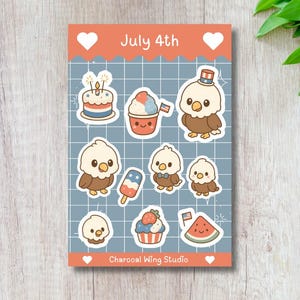 Hoja de pegatinas kawaii del 4 de julio: águila calva chibi y dulces veraniegos rojos, blancos y azules. Pegatinas patrióticas adorables para diarios, agendas y manualidades.
