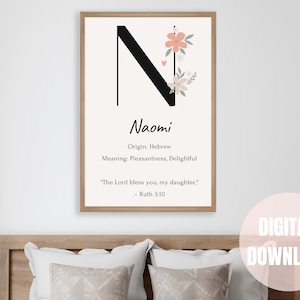 Arte mural con nombre cristiano: Impresión del versículo bíblico "Noemí" / Significado del nombre bíblico personalizado / Regalo religioso para bebé, decoración infantil
