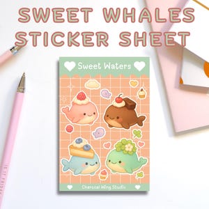 Kawaii Dessert Whale Sticker Sheet - Süßes Pastell Meerestier Aufkleber, Food-inspirierte Wal Dekoration, Journal & Scrapbook Aufkleber