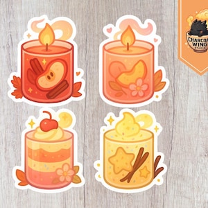 Set di adesivi per candele kawaii: mela, cannella, pesca, parfait e biscotto allo zucchero / Candele autunnali carine / Adesivi in vinile con bagliore magico