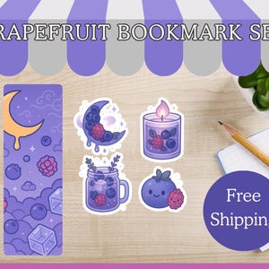 Beere Kawaii Aufkleber & Lesezeichen Set – Blaubeere Himbeere Sommerkerze, Mond, Getränk + Figur – gemütliches pastellfarbenes Schreibwaren Geschenk