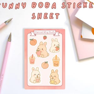 Hase Boba Stickerbogen | Süßes Aufkleber-Set mit Früchten + Bubble Tea | Kawaii Hase Journal Aufkleber | Laminiertes Blatt für Planer & Geschenke