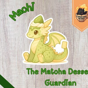 Adesivo Machi il drago matcha - Drago kawaii con dessert al tè verde / Adesivo in vinile con fantasia di waffle al cioccolato bianco