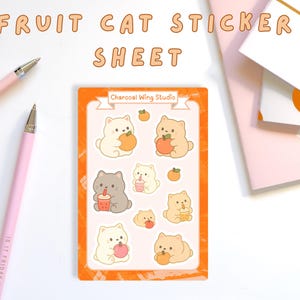 Kawaii Katzen mit Orangen & Äpfel | Niedliches Pastell Sticker Set für Journals | Laminierte Schreibwaren-Aufkleber