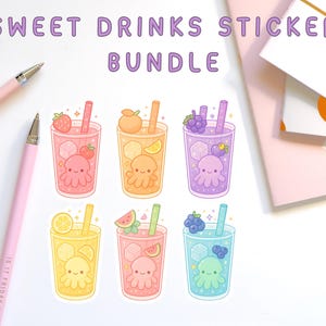 Bundel Kawaii inktvisdrankstickers – 6 magische fruitsmaken | Stickerpakket met aardbei, perzik, citroen, druif, watermeloen en bosbes