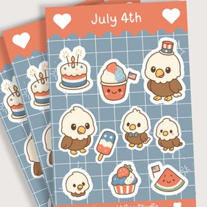 Kawaii 4th of July Sticker Sheet – Chibi Bald Eagle & Red White Blue Summer Treats | Patriotic Cute Stickers for Journals, Planners, Crafts