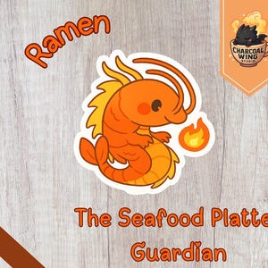 Ramen der Garnelendrache Sticker – Kawaii Seafood Platte Guardian | Süßer Ocean Noodle Fantasy Creature Vinyl Sticker