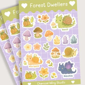 Forest Dwellers Sticker Sheet – Kawaii Fantasy Creatures, Mushrooms, Crystals & Nature | Cottagecore Pastel Vinyl Stickers