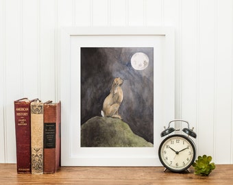 Large Moon Gazing- Archival Quality Mounted and Signed Fine Art Print, Hare and Moon