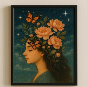 Blooming Silence – Träumende Frau mit Blumen und Sternen | Surreal Dreamy Wall Art