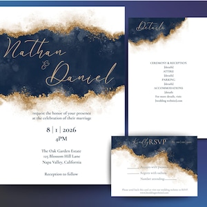 Navy Blue and Gold Wedding Invitation Template | Elegant Canva Wedding Suite | Dark Luxe Invite Set | Instant Digital Download