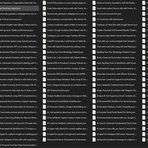 May include: A dark gray screen displays a list of file names, many of which begin with "AI" or "Automated." The files appear to be related to AI-powered tools and applications, including chatbots, data analysis, and automation processes.