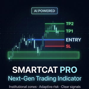 May include: A digital graphic with the text "AI POWERED" at the top. The image displays a stock chart with green, blue, and red lines, and the text "SMARTCAT PRO Next-Gen Trading Indicator". Additional text includes "Institutional zones, Adaptive risk, Clear signals".