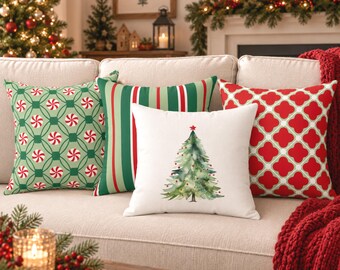 Green, Red & White Christmas Indoor Throw Pillow, Throw Pillow Case, 12 Design Choices, Winter Decorating, Holly Gift, Christmas Home Decor