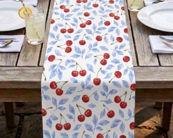 Cherries and Light Blue Leaves Table Runner, Quilted Runner, Tea Towel, Summer Decorating, Table Accents, Fruit Decor Gift