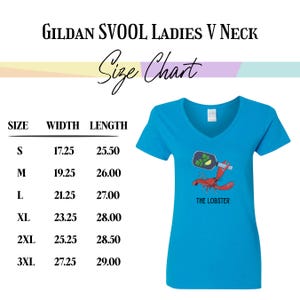 May include: A turquoise Gildan Svoo Ladies V-neck t-shirt with a lobster graphic and the text "THE LOBSTER". The size chart shows measurements in inches for sizes S through 3XL.