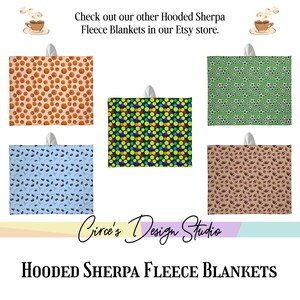 May include: Five hooded Sherpa fleece blankets with various patterns are displayed. The patterns include basketballs, soccer balls, colorful polka dots, coffee beans, and footballs. The text "Check out our other Hooded Sherpa Fleece Blankets in our Etsy store" is at the top.