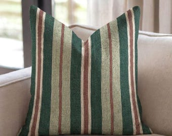 Green, Red & Light Cream Stripes Woven Throw Pillow, Christmas Decorating, Stripes Gift, Home Decor for Christmas, Winter Decor