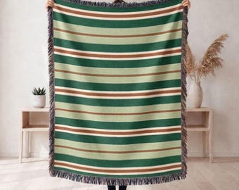 Green, Red & Light Cream Stripes Woven Throw Blanket, Christmas Decorating, Stripes Gift, Home Decor for Christmas, Winter Decor