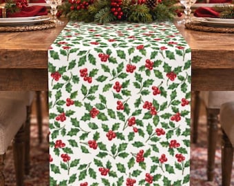 Holly and Berries Table Runner, Quilted Runner, Tea Towel, Christmas Table Decor, Christmas Plant Decor, Christmas Home Decor Gifts