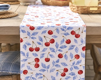 Caminho de mesa com estampa de cerejas e folhas azul-claras, caminho de mesa acolchoado, pano de prato, decoração de verão, enfeites de mesa, presente decorativo com frutas