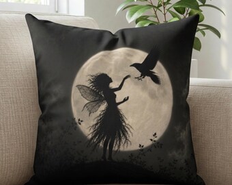 Fairy & Raven Indoor Throw Pillow, Throw Pillow Case, Halloween Decorating, Dark Fairy, Spooky Decor Gift, Halloween Home Decor, Crow Gift