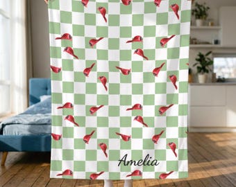 Personalized Green Checks and Cardinals Velveteen Throw Blanket, Fleece Sherpa Blanket, Christmas Decorating, Bird Gift, Winter Decor