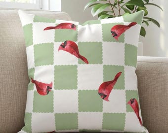Green Checks and Cardinals Indoor Throw Pillow, Throw Pillow Case, Christmas Decorating, Bird Gift, Christmas Home Decor, Winter Decor