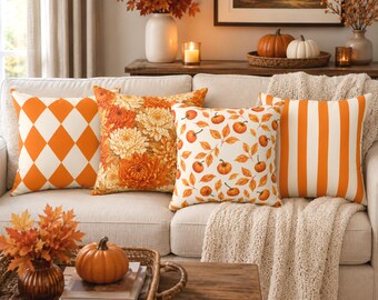 Orange & Cream Indoor Throw Pillow, Throw Pillow Case, 8 Design Choices, Halloween Decorating, Autumn Gift, Halloween Home Decor, Fall Decor
