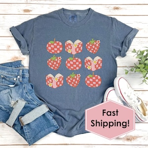 Strawberry & Apple Teacher Shirt, Red + Pink Checkered Design, Comfort Colors Tee, V Neck Tee, Comfy Sweatshirt, Teacher Gift, Reading Books