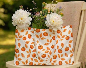 Orange Leaves and Pumpkins Weekender Bag, Fall Styling, Beach Bag, Pumpkin Gift, Halloween Accessory