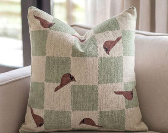 Green Checks and Cardinals Woven Throw Pillow,  Christmas Decorating, Bird Gift, Home Decor for Christmas, Winter Decor