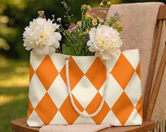 Orange & Cream Diamond Weekender Bag, Fall Styling, Beach Bag, Autumn Gift, Halloween Accessory