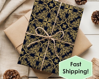 Navy and Gold Christmas Wrapping Paper, Unique Holiday Gift Wrap, 3 Sizes of Thick Fine Art Paper, Elegant Christmas Gift Wrap