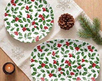 Holly Leaves and Berries Decoware® Platter, Decorative Plate, Christmas Table Decor, Christmas Plant Decor, Christmas Home Decor Gifts