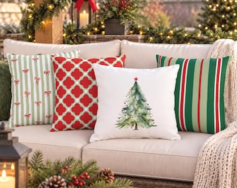 Green, Red and White Christmas Outdoor Pillow, 12 Design Choices, Patio Decor, UV Resistant, Mildew Resistant, Christmas Winter Decor